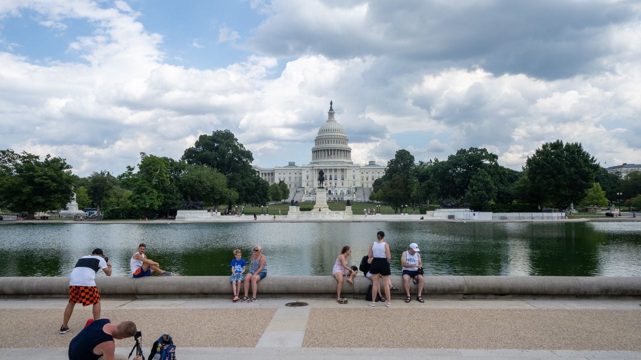 Washington, DC - August 8, 2019: Tourists take photos in front of the reflecting pool at the United States Capitol building
