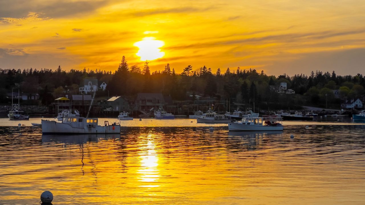 Bass Harbor and village at sunset in town of Tremont on Mt Desert Island, Maine ME, USA.