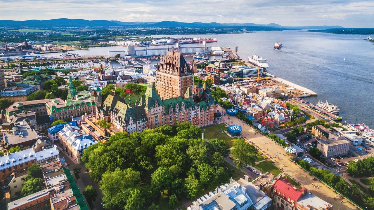 Quebec City boardwalk and Old Port, aerial view, Quebec, Canada.