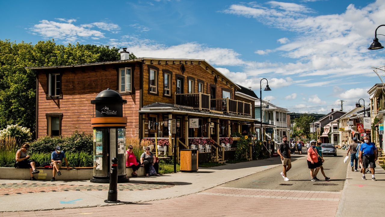 Baie saint Paul, Canada - August 20 2020: City view and people hanging around in downtown Baie Saint Paul