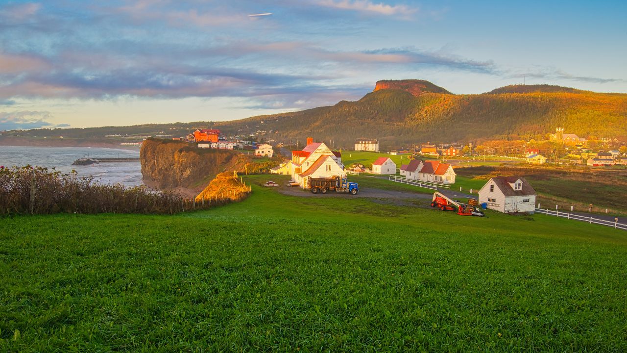 Perce, Quebec, Canada at sunrise, in the autumn.