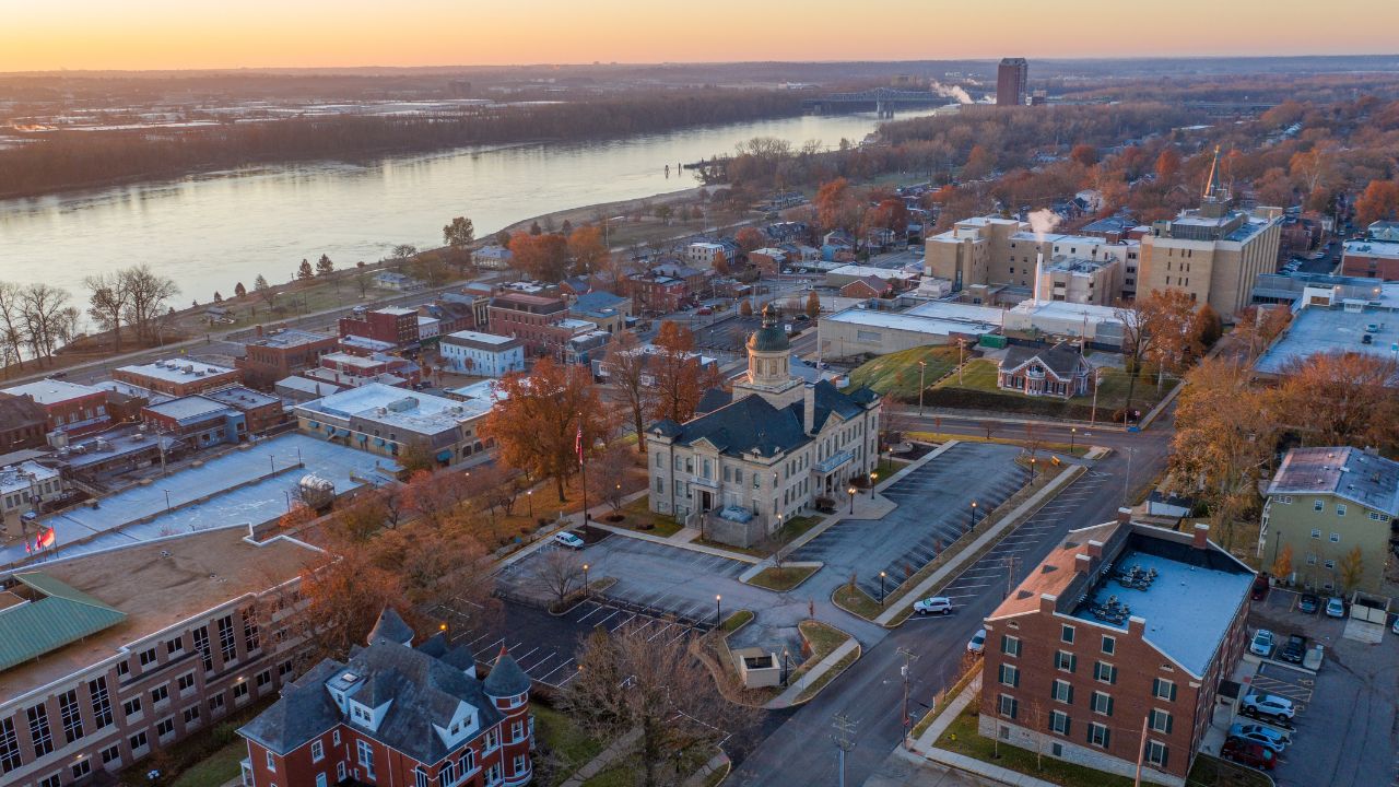 St Charles, Missouri / United States - November 24, 2019: Aerial View of Historic Downtown St Charles