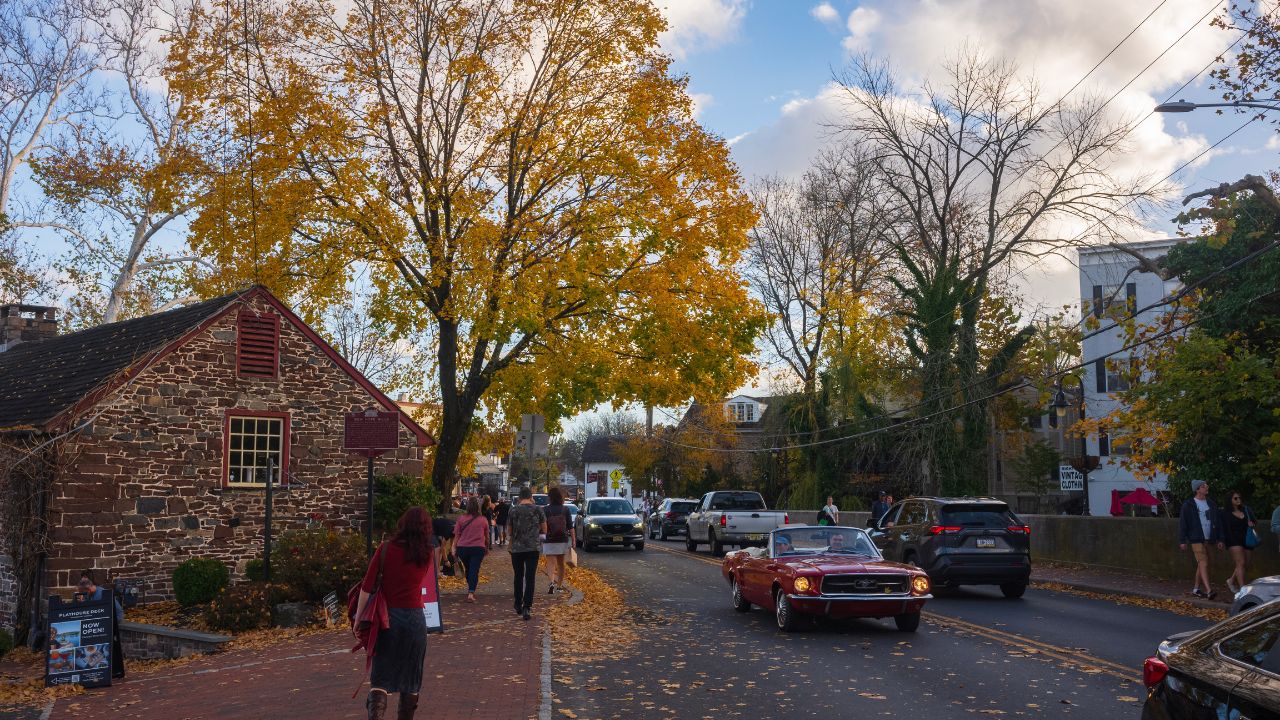 New Hope, PA, USA - Nov 5, 2022: Traffic congestion on Main Street at New Hope, PA, a popular small town tourist destination during an autumn day.
