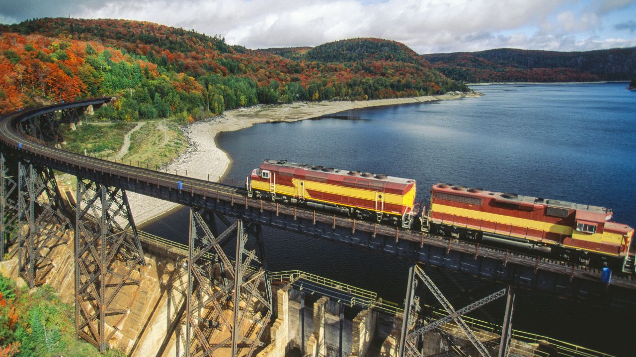 Aerial image of train and rail line Agawa Canyon, Ontario, Canada