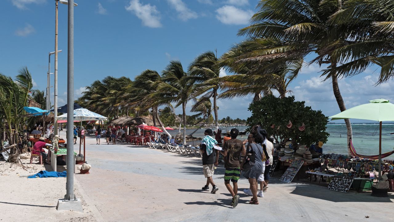 MAHAHUAL, MEXICO-MARCH 06, 2018: beach with souvenir shops in mahahual, quintana roo, mexico