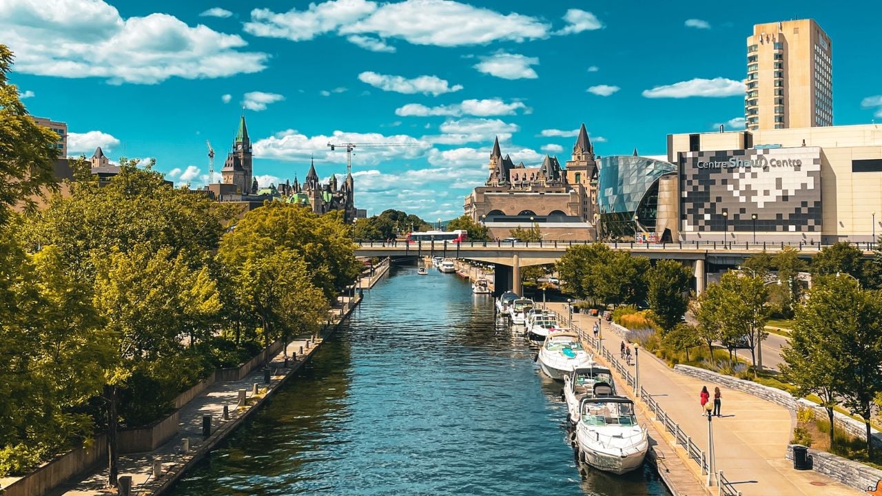Ottawa, Ontario - Aug 13 2022 : The Rideau Canal is a 202 km long canal that links the Ottawa River and Lake Ontario. It is the oldest continuously operated canal system in North America.