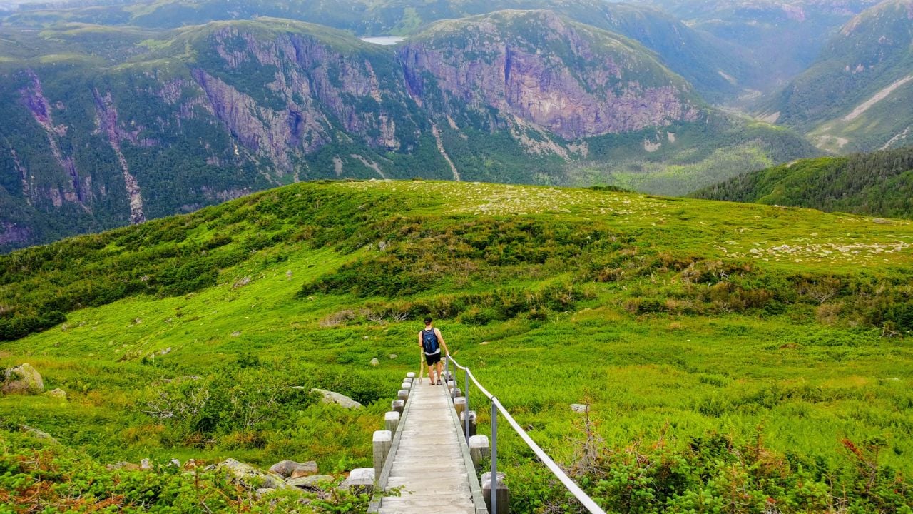 Hiking in beautiful Gros Morne National Park atop Gros Morne Mountain in Newfoundland and Labrador, Canada