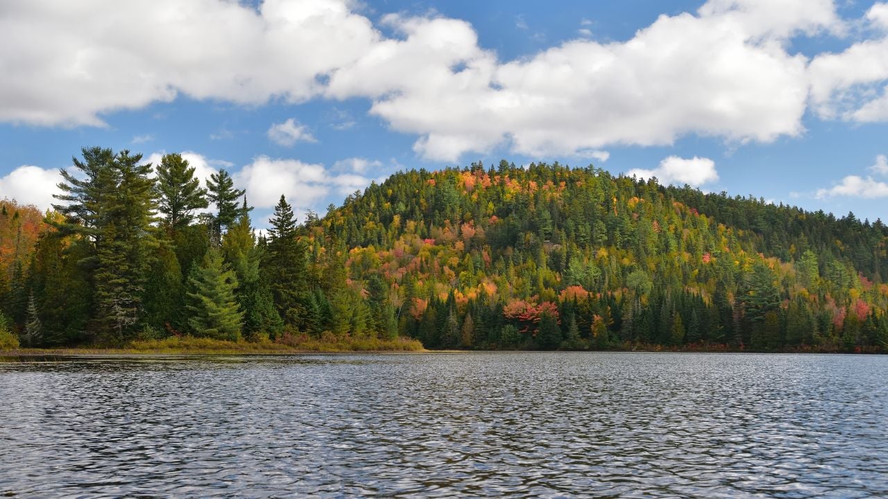 Wapizagonke lake La Mauricie Canada Park during sunny fall season. Lake mountain sky and cloud perfect day for water sports