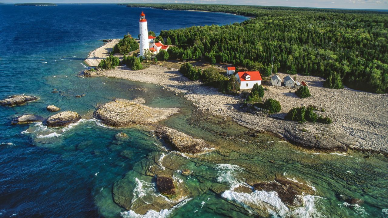 Aerial image of Cove Island Lighthouse, Bruce Peninsula, Ontario, Canada