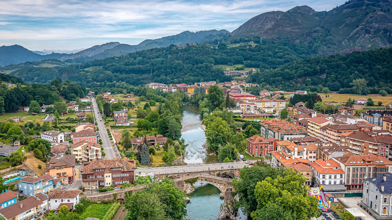 Aerial View Over Cangas de Onís, Asturias, Picos de Europa , Spain