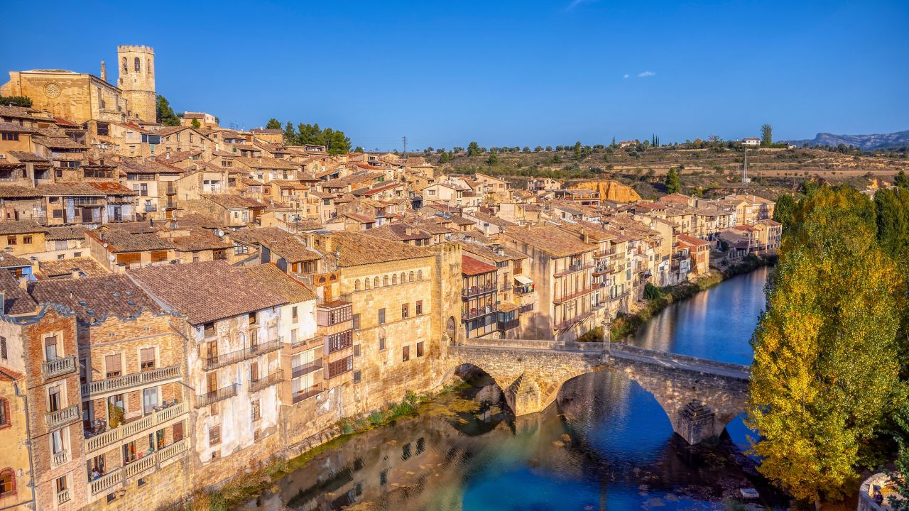 Stone bridge over the Matarraña river in Valderrobres, province of Teruel, Spain.