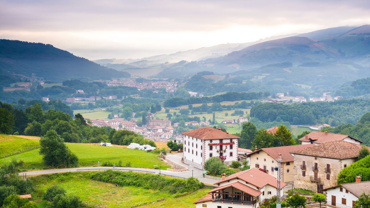 aerial views to baztan valley in navarre, spain
