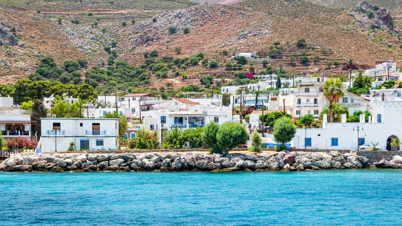 Tilos, Greece - June 2021: The picturesque island of Tilos near Rhodes, part of the Dodecanese island chain, Greece.
