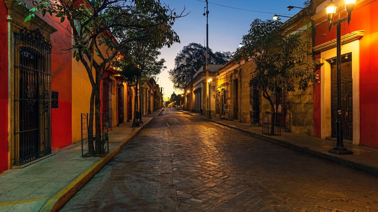 Street in Oaxaca City at sunrise with colonial-style architecture