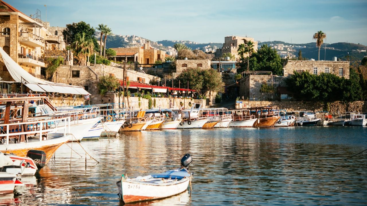 View of boats in the harbor of Byblos, Lebanon.