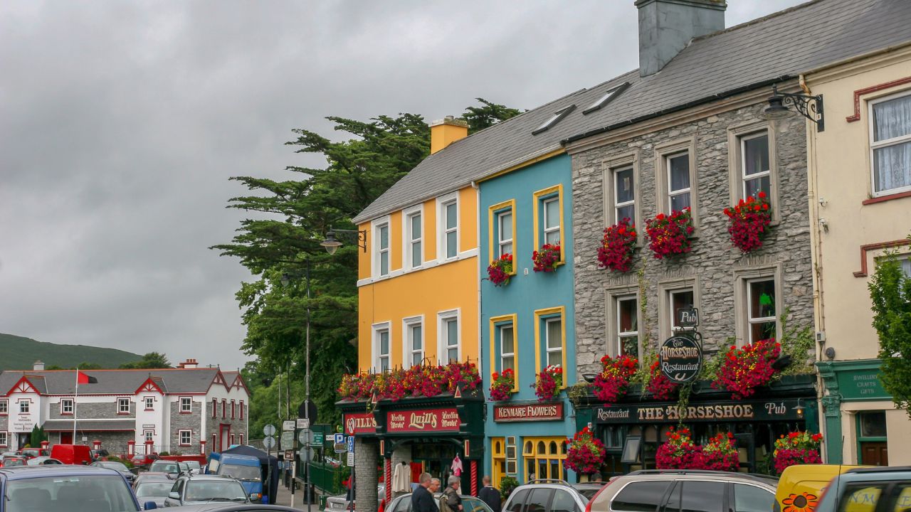 Kenmare, Ireland - JULY 02, 2005: Main Street in beautiful Village of Kenmare situated on Kerry Peninsula south west coast of Ireland