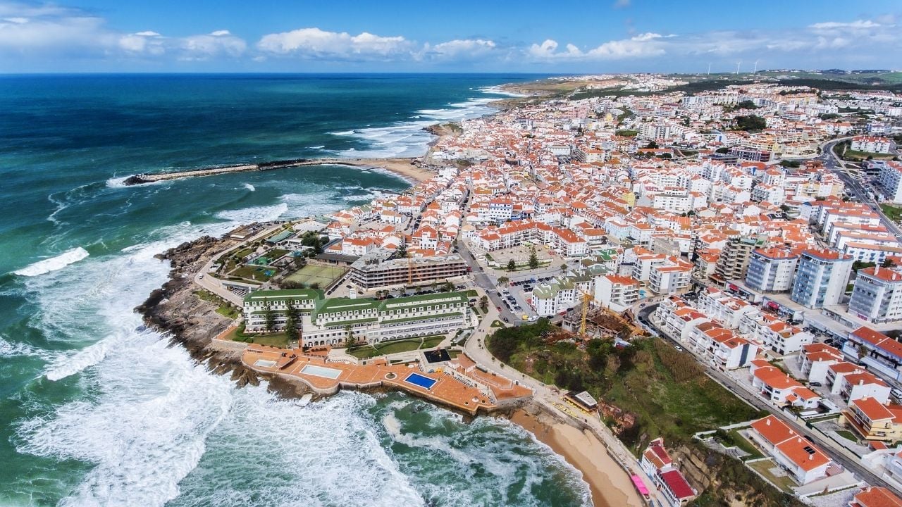 Aerial. Aerial view of the town of Ericeira coasts and streets.