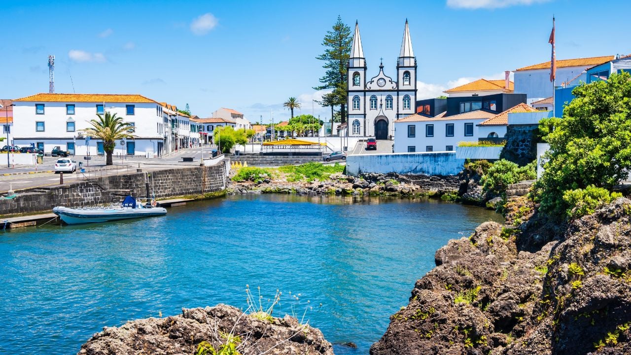 View of Madalena port on coast of Pico island, Azores, Portugal, Pico island, Azores, Portugal