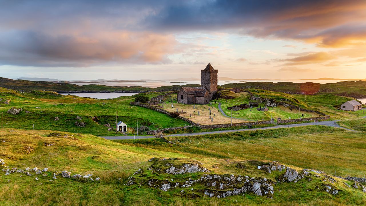 Moody sunset over the old church at Rodel on the Isle of Harris in the Outer Hebrides of Scotland