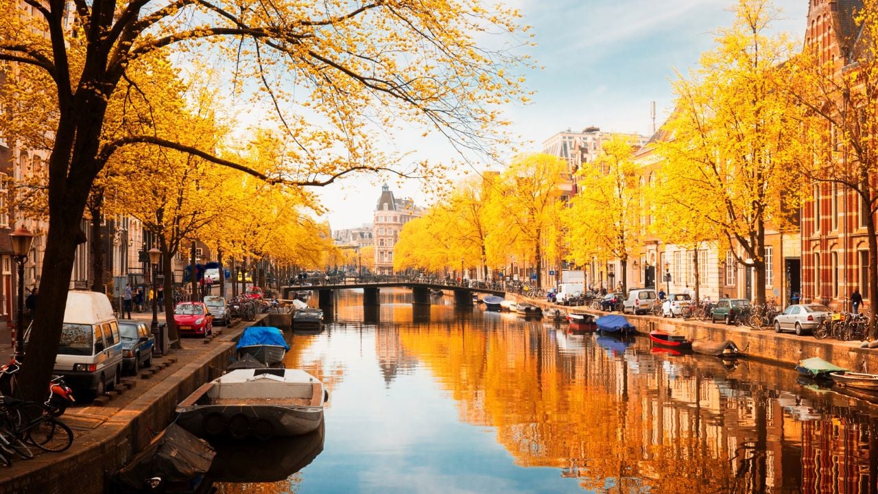 embankment of canal ring at spring, Amsterdam at fall, Netherlands