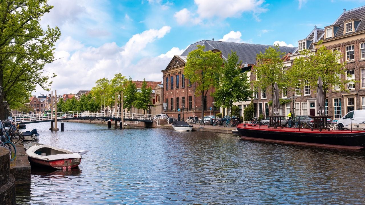 Oude Vest, Canal in the old town of Leiden with historic houses in the background, Leiden, South Holland, The Netherlands, Europe