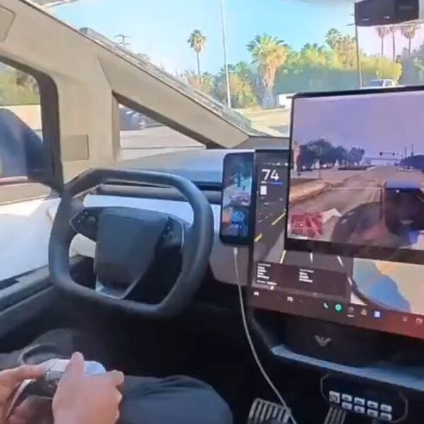 Man plays GTA behind the wheel of Cybertruck running FSD.