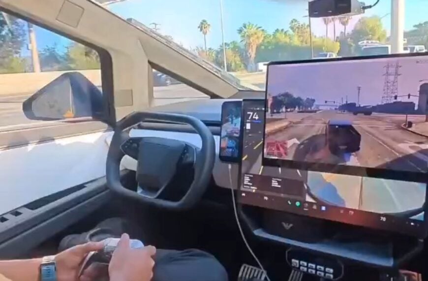 Man plays GTA behind the wheel of Cybertruck running FSD.