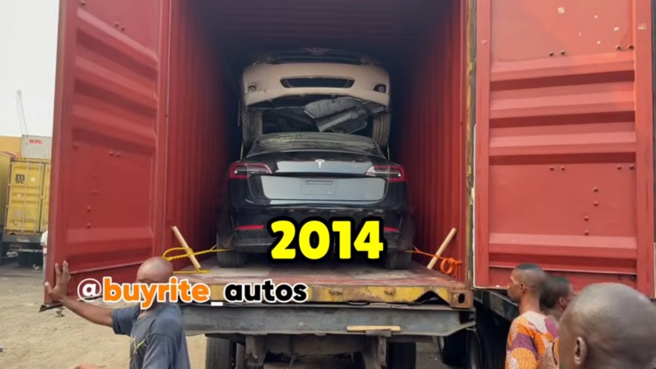 Tesla Model 3 in a shipping container in Nigeria.
