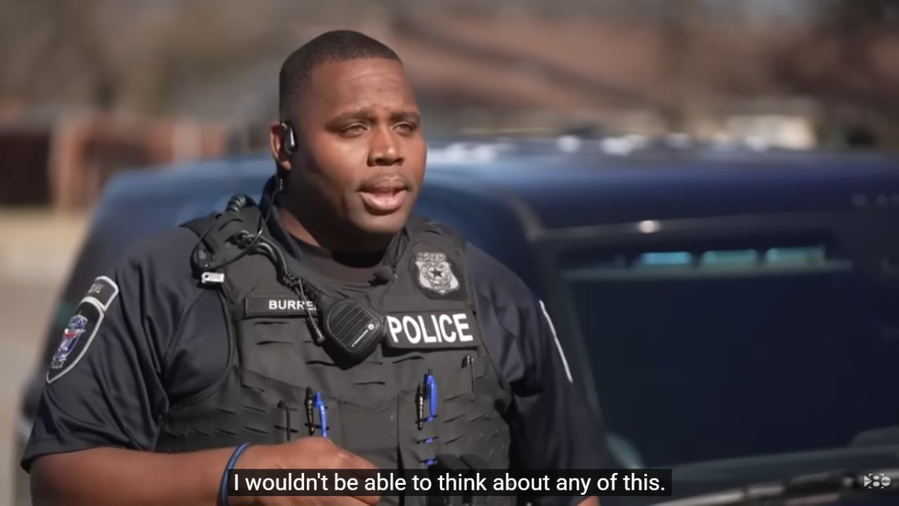 Police officer Burrell saved by bulletproof glass.