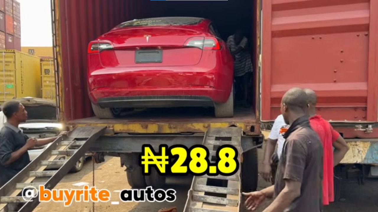 Tesla Model 3 in a shipping container in Nigeria.