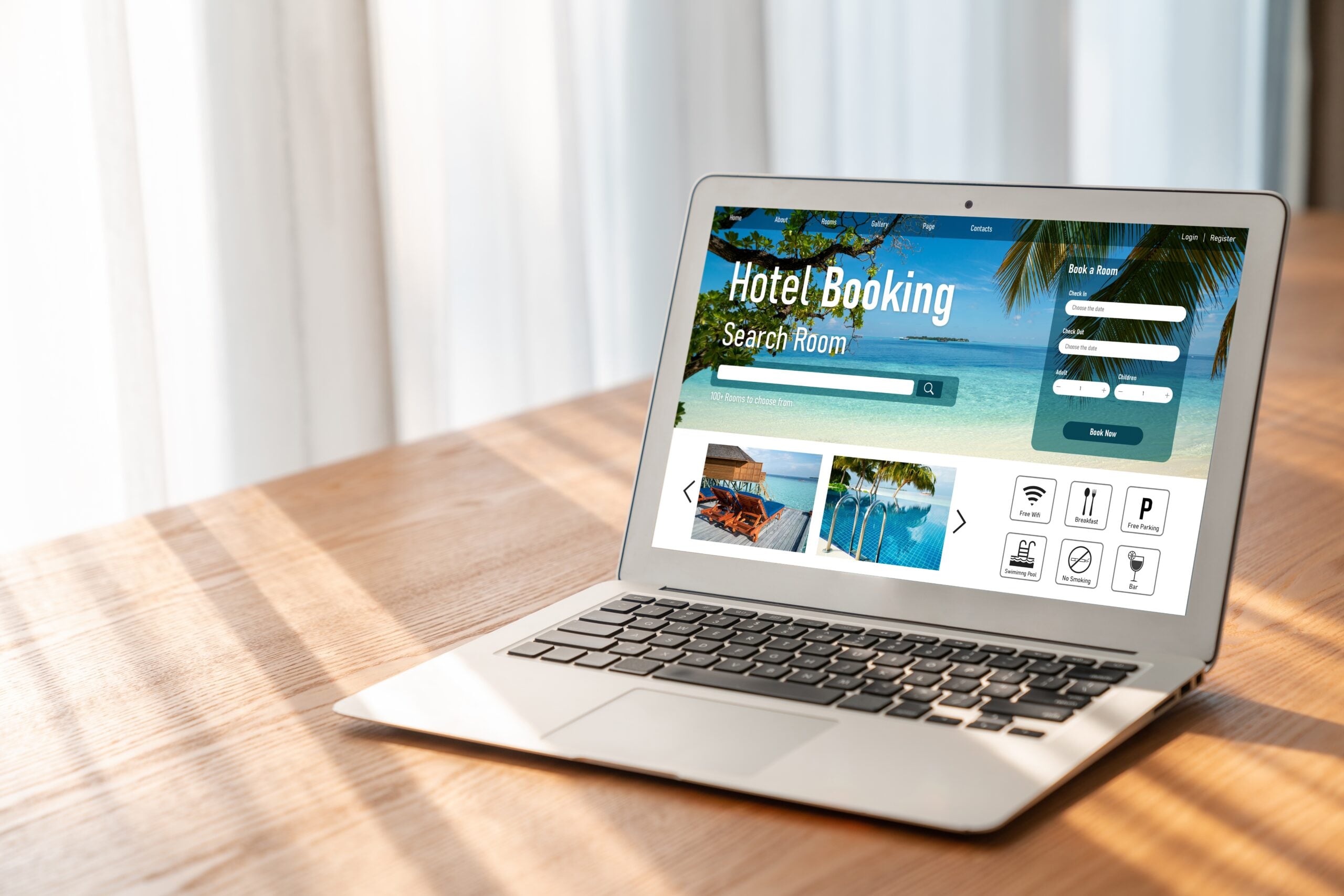 Online hotel accommodation booking website provide modish reservation system . Travel technology concept .