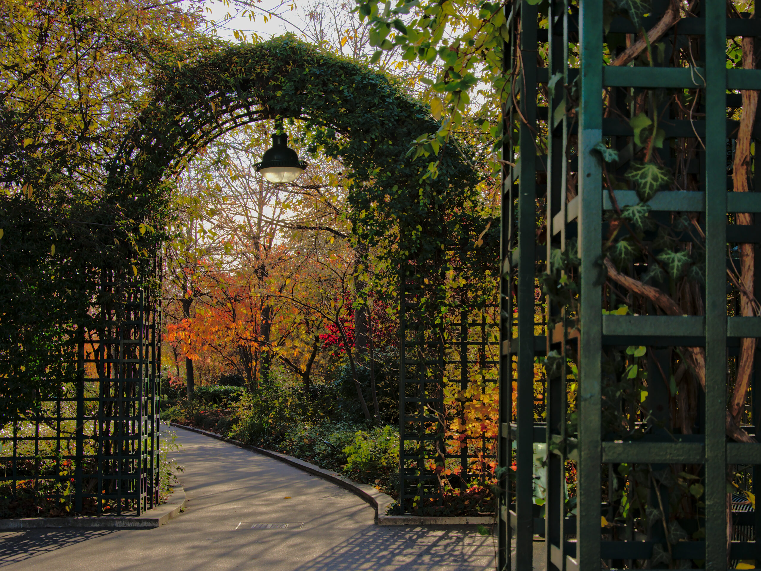 PARIS, FRANCE, NOVEMBER 14, 2017, Arch with ivy and lantern, detail of the Coulée verte René-Dumont promenade, Paris, 14 November 2017