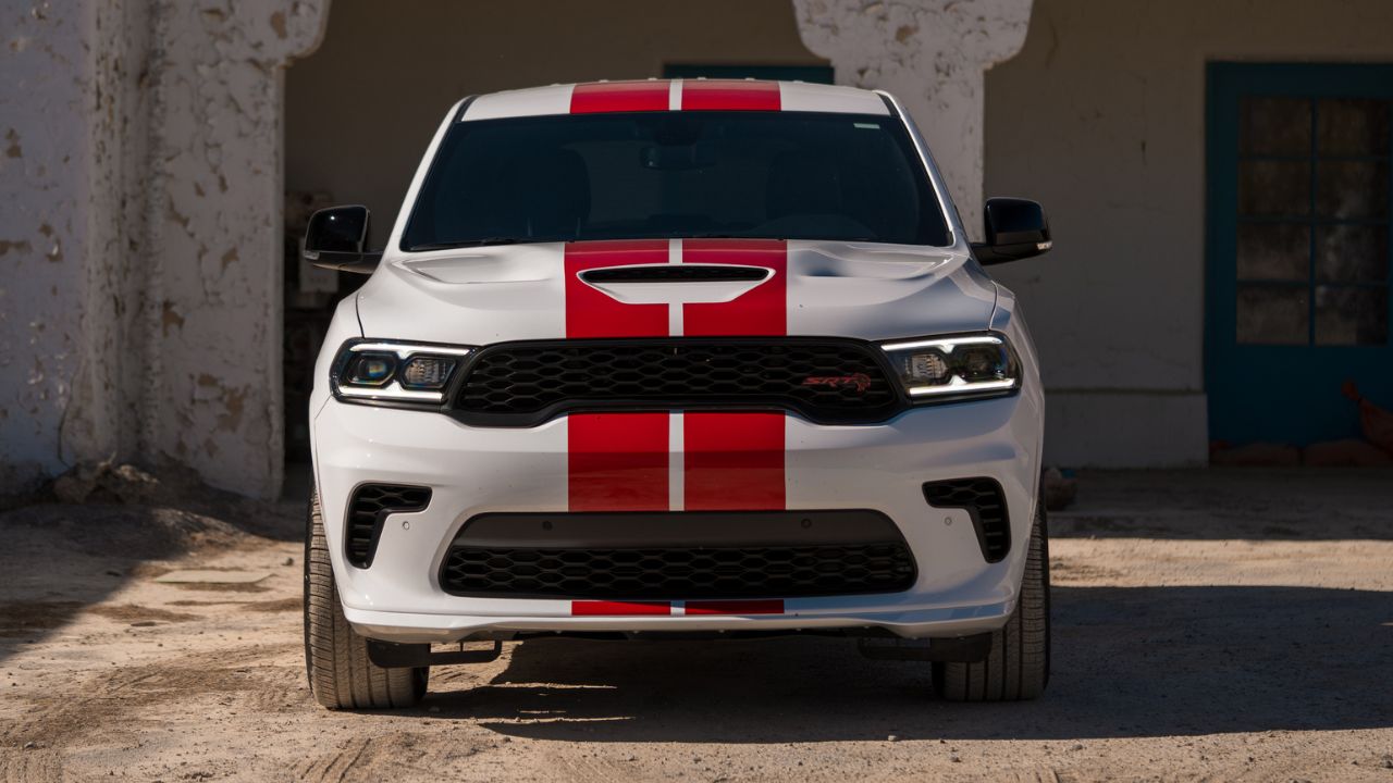 White 2026 Dodge Durango SRT Hellcat with red stripes front view