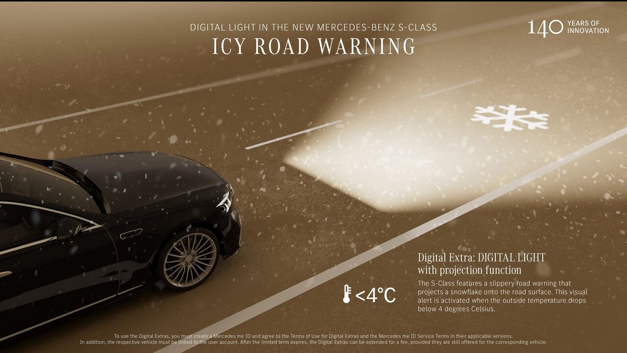 2027 Mercedes-Benz S-Class icy road warning.