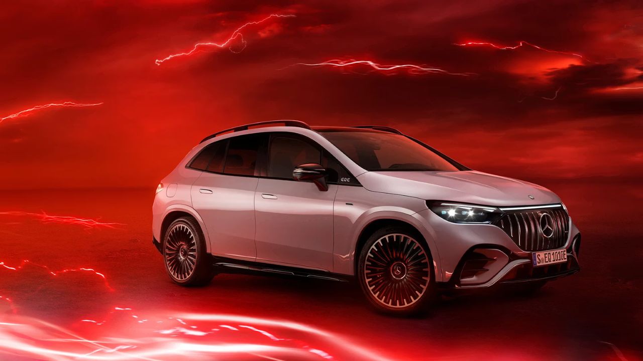 Grey 2026 Mercedes-AMG EQE SUV front 3/4 studio shot