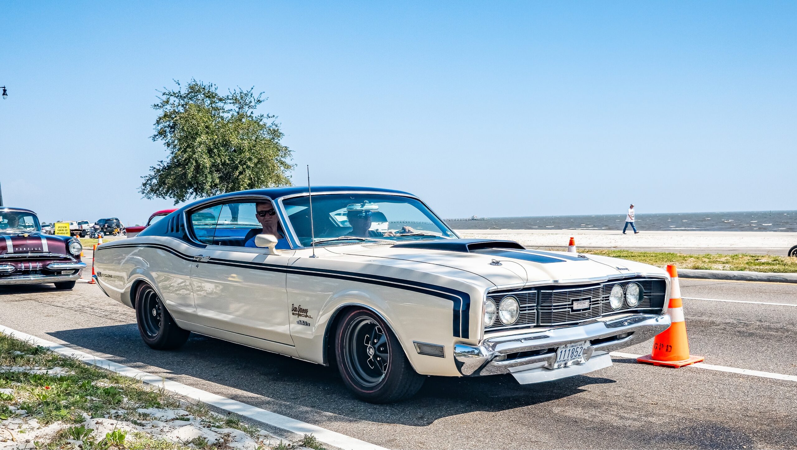 High perspective front corner view of a 1969 Mercury Cyclone Spoiler II Dan Gurney Special Coupe at a local car show