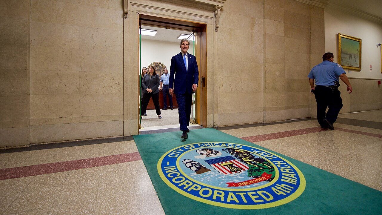 Secretary Kerry Departs Chicago Mayor Emanuel's Office After Their Meeting.