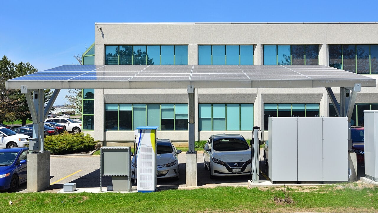 Solar-powered EV charging station.