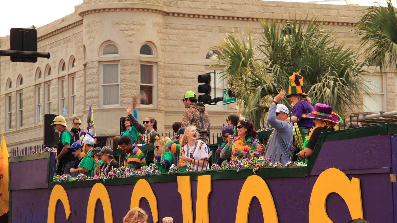 LAKE CHARLES, LA - FEBRUARY 26: Crowds enjoy a festive atmosphere during Mardis Gras celebrations in downtown Lake Charles, Louisiana February 26, 2017 in Lake Charles, Louisiana.