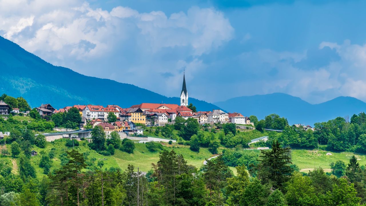 A view towards the hilltop town of Radovljica, Slovenia in summertime