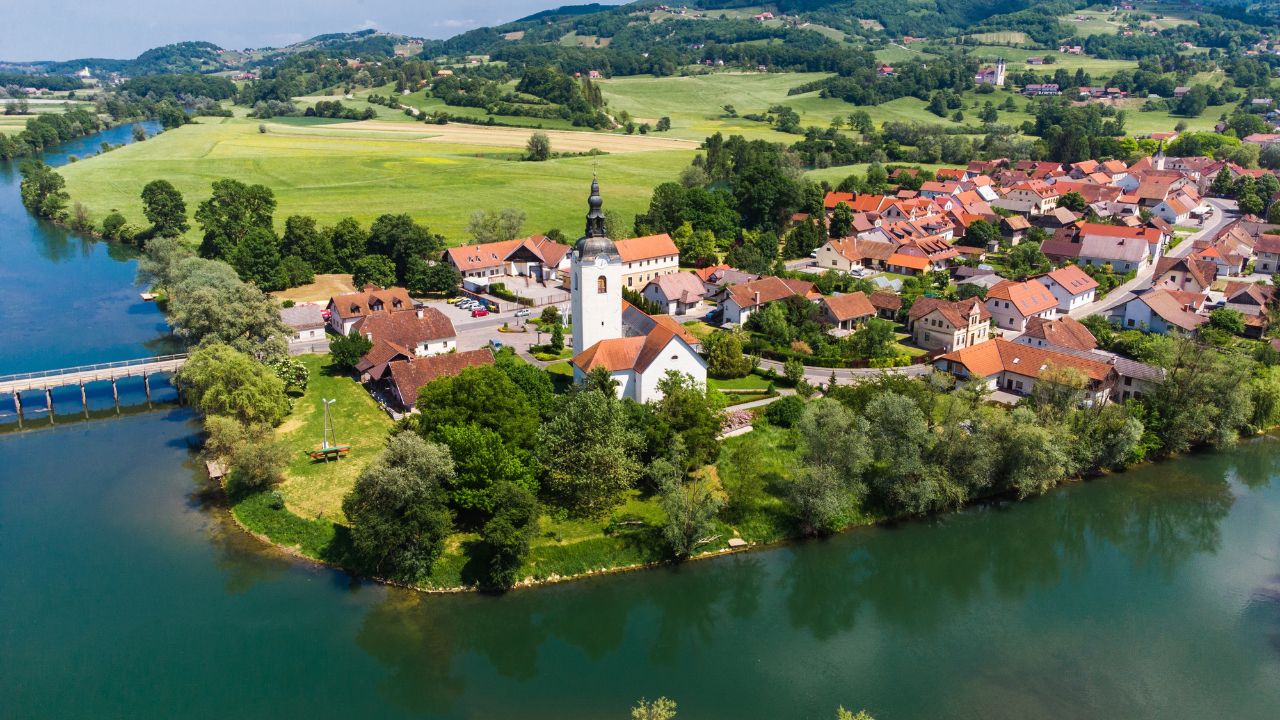 Ptuj Grad in Slovenia, Historic Old Town and Castle. Aerial Drone View.