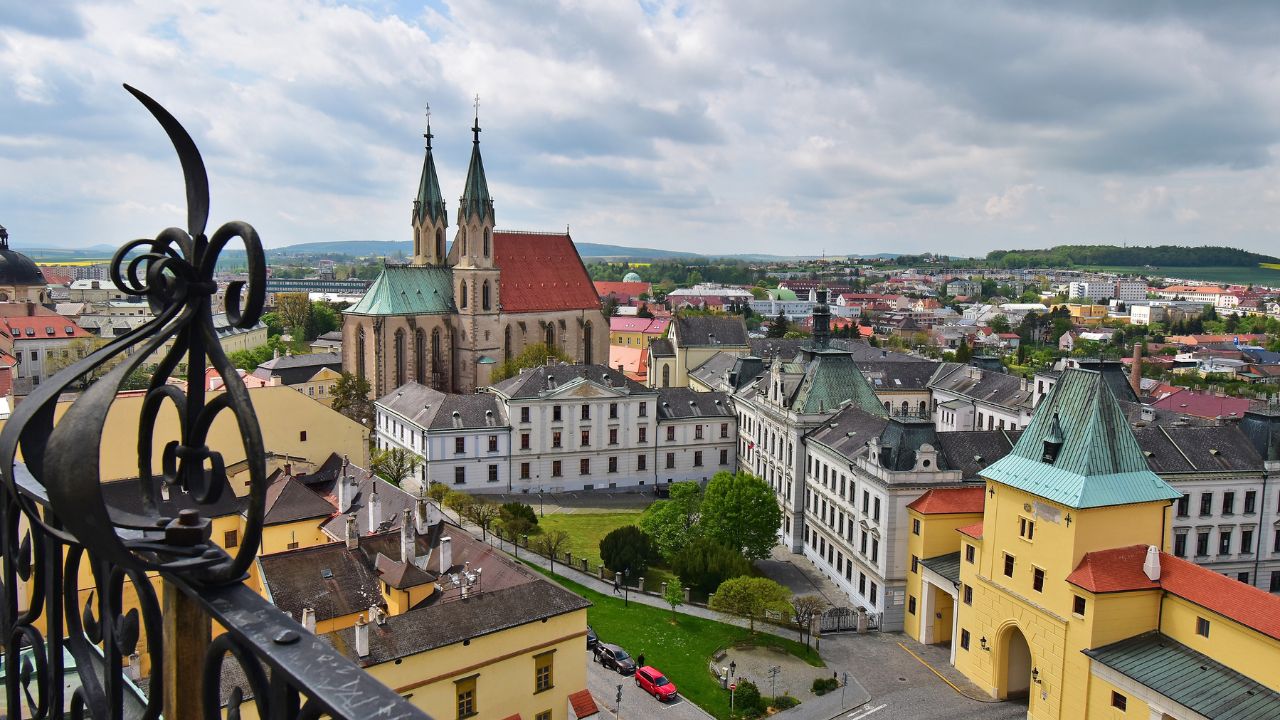 City of Kroměříž historical town buildings and Church of st. Maurice aerial view from chateaue tower, moravia czech architecture