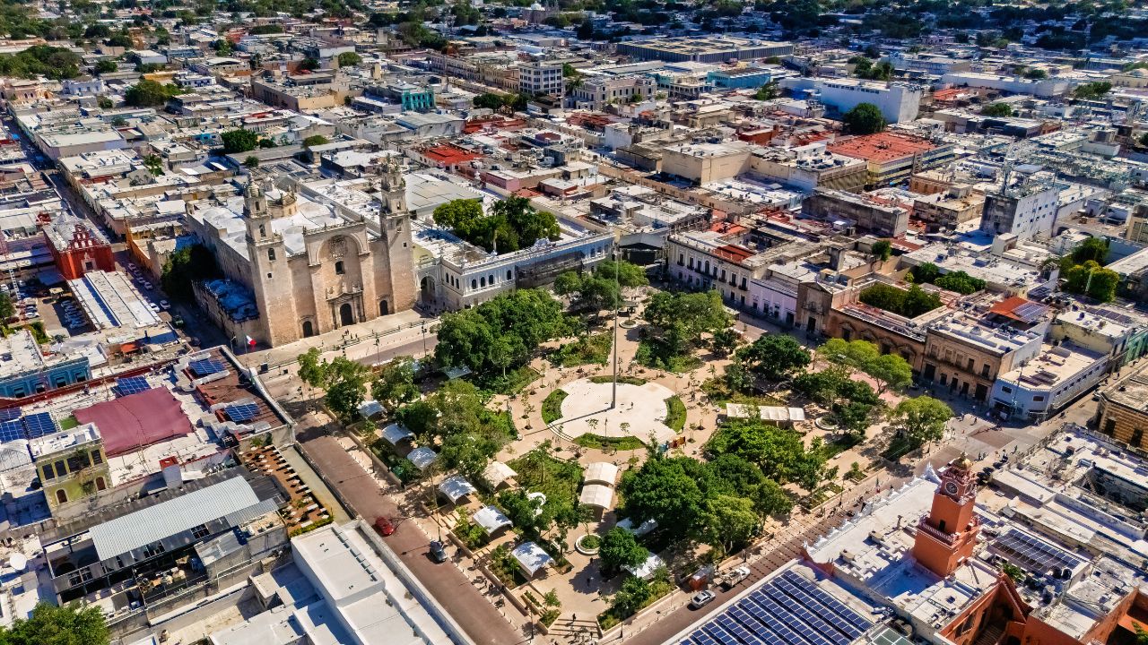 Aerial view of the main square of Merida, Mexico, with Cathedral