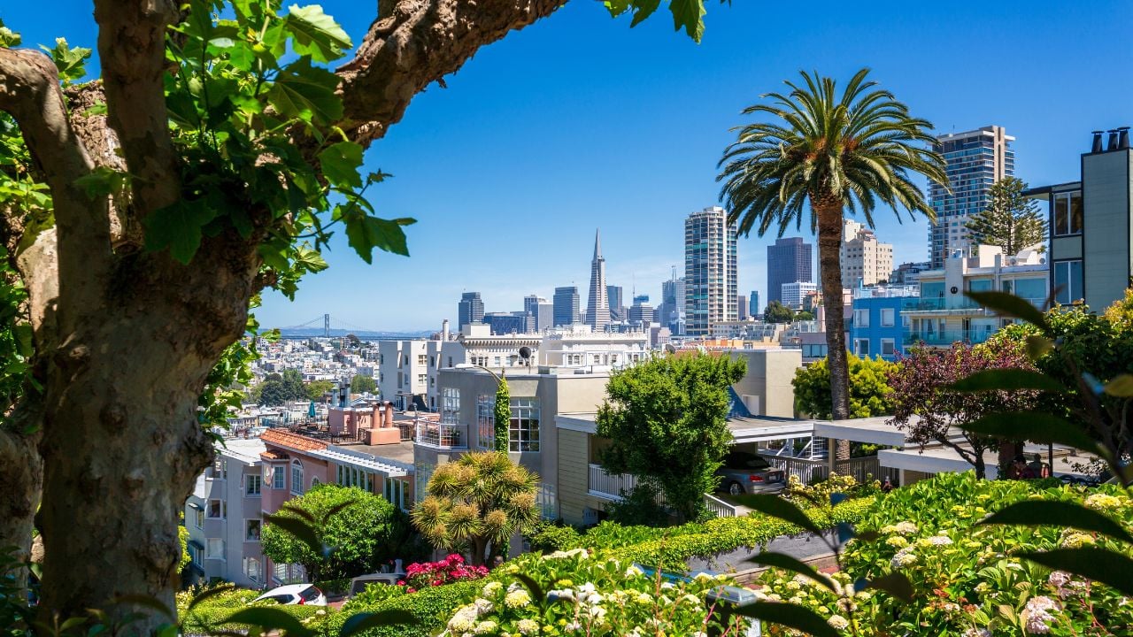 Downtown San Francisco with the Transamerica Pyramid from Lombard Street, San Francisco, California, United States of America, North America