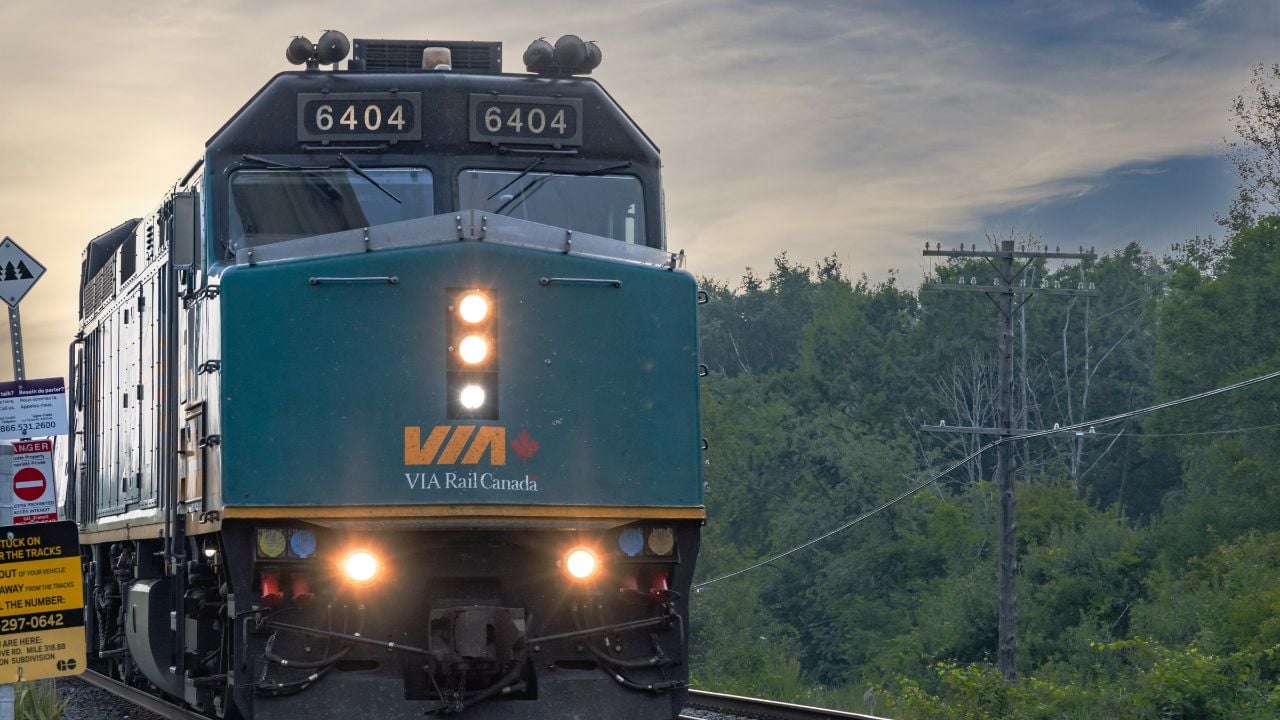 Toronto, Canada, July 17, 2023; VIA Train locomotive 6404 pulling a passenger train through Scarborough from Toronto downtown Union Station to Montreal