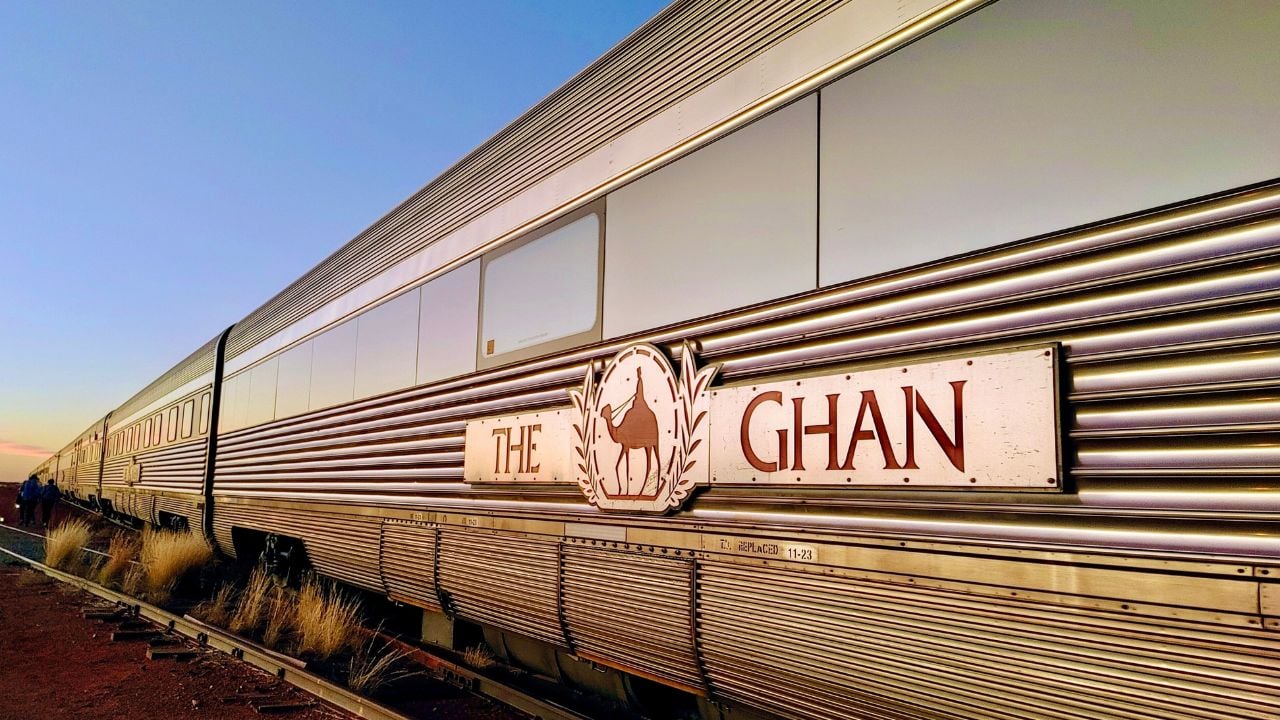 Marla, SA, Australia - March 11 2024: The legendary Ghan train running through the outback of South Australia and North Territory, from Adelaide to Darwin