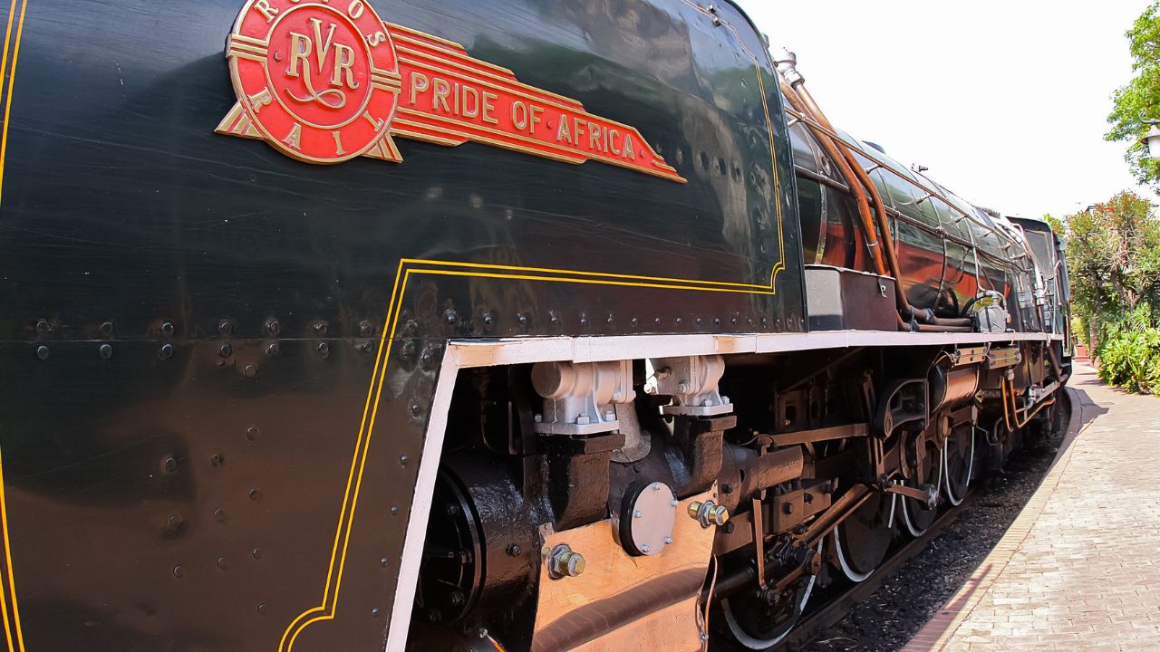 Pretoria Gauteng South Africa 10072010 Rovos Rail steam train locomotive from the front at a station