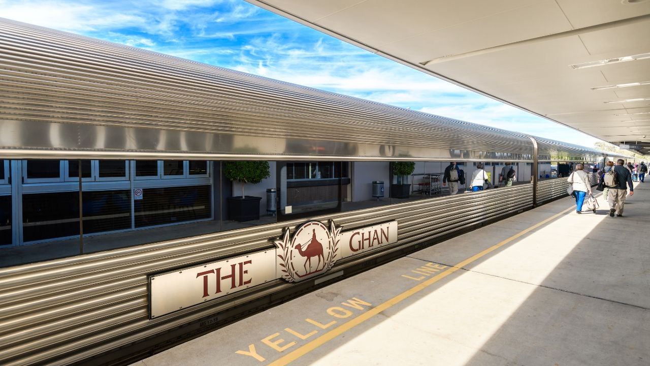 Adelaide Parklands Terminal, South Australia - August 4, 2019: The Ghan train ready to depart for its 90th anniversary special service from Adelaide to Darwin through Alice Springs