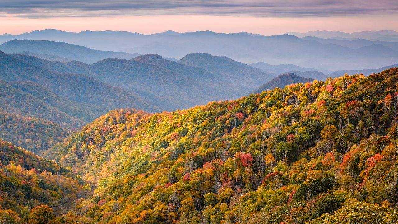 Great Smoky Mountains National Park, Tennessee, USA overlooking the Newfound Pass in autumn.