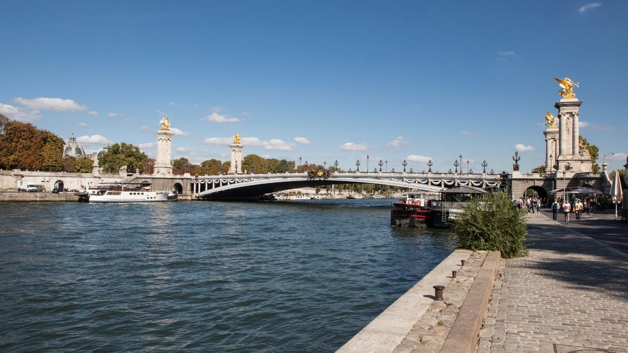 The Seine River and bridges in Paris, France.